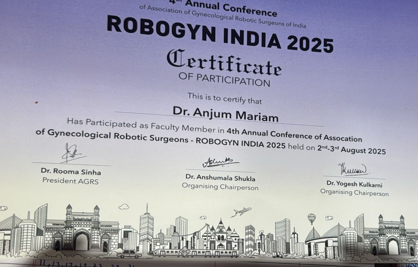 Dr. Mariam Anjum — RoboGyn India — Certificate